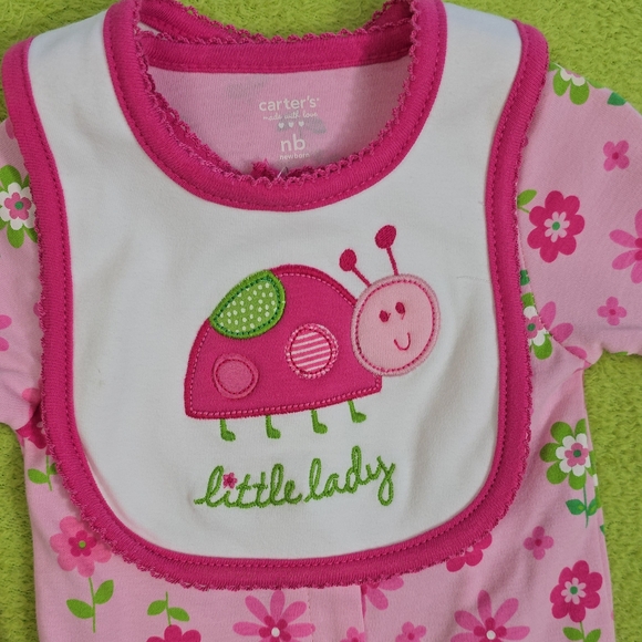NWT Carter's NEWBORN Baby GIRLS Pink Floral Ladybug Set FOOTIE + BIB (Q6) - Picture 2 of 4